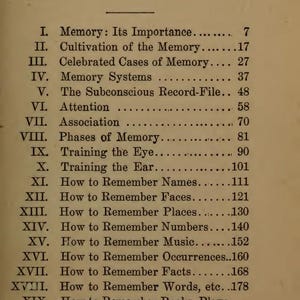 May include: A page from a vintage book titled "CONTENTS" with a list of chapters on memory improvement. The text is in black font on a beige background. Chapters include "Memory: Its Importance" and "How to Remember Faces."