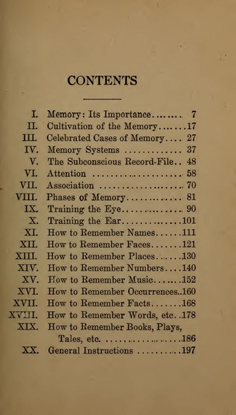 May include: A page from a vintage book titled "CONTENTS" with a list of chapters on memory improvement. The text is in black font on a beige background. Chapters include "Memory: Its Importance" and "How to Remember Faces."