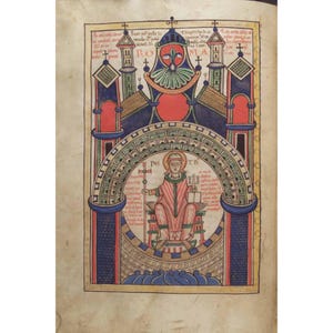May include: An illuminated manuscript page featuring a detailed illustration. The artwork depicts a seated figure within an arched frame, holding a staff and book. The image is framed by architectural elements and the word "ROMA".