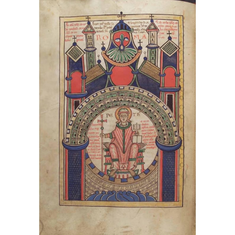 May include: An illuminated manuscript page featuring a detailed illustration. The artwork depicts a seated figure within an arched frame, holding a staff and book. The image is framed by architectural elements and the word "ROMA".