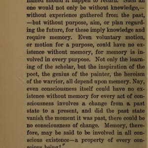 May include: A page from a vintage book with the heading "MEMORY" and the number "10." The text discusses memory's role in consciousness, knowledge, and experience. The page has aged, yellowed paper with black text.