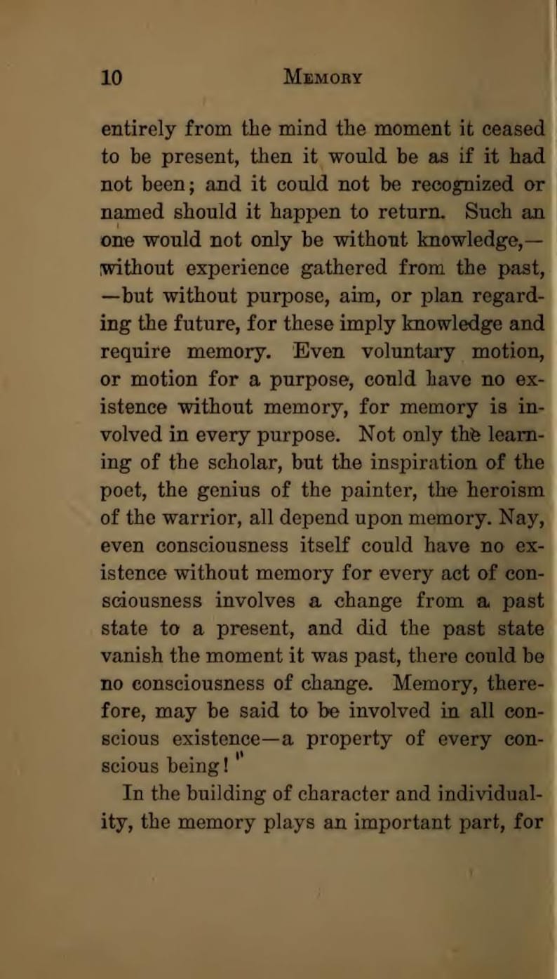 May include: A page from a vintage book with the heading "MEMORY" and the number "10." The text discusses memory's role in consciousness, knowledge, and experience. The page has aged, yellowed paper with black text.