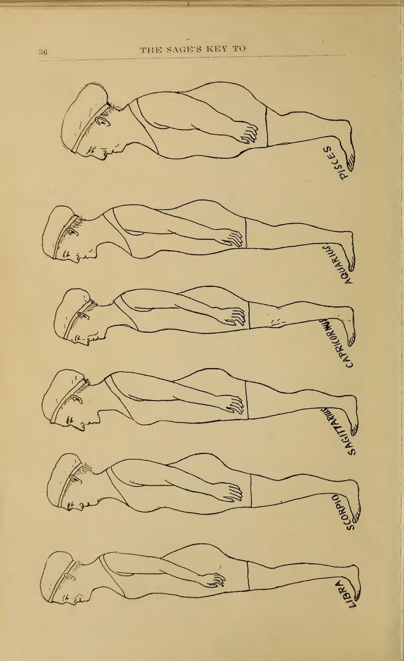 May include: A vintage book illustration showing six line drawings of figures in swimwear, each labelled with a zodiac sign: Pisces, Aquarius, Capricorn, Sagittarius, Scorpio, and Libra. The text at the top reads "THE SAGE'S KEY TO".