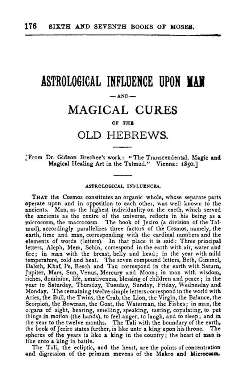 May include: A vintage book page with the title "Astrological Influence Upon Man" and "Magical Cures of the Old Hebrews." The text is in black font on a cream-colored background, with the number 176 at the top. The page is from a book.