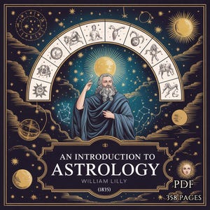 Puede incluir: Portada del libro "An Introduction to Astrology" de William Lilly (1835). El diseño presenta un hombre barbudo, símbolos del zodiaco, cuerpos celestes y el texto "PDF" y "358 Páginas". La paleta de colores incluye azul marino, dorado y verde azulado.