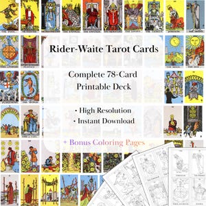 May include: A complete Rider-Waite Tarot deck with 78 cards, featuring colorful illustrations of figures and symbols. The image includes the text "Rider-Waite Tarot Cards" and "Complete 78-Card Printable Deck." Bonus coloring pages are also included.