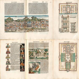 May include: A vintage book page featuring several illustrations and text. The top half shows a detailed, colorful cityscape with a harbor. Other sections include architectural drawings and figures in historical attire. The page is aged with visible wear.