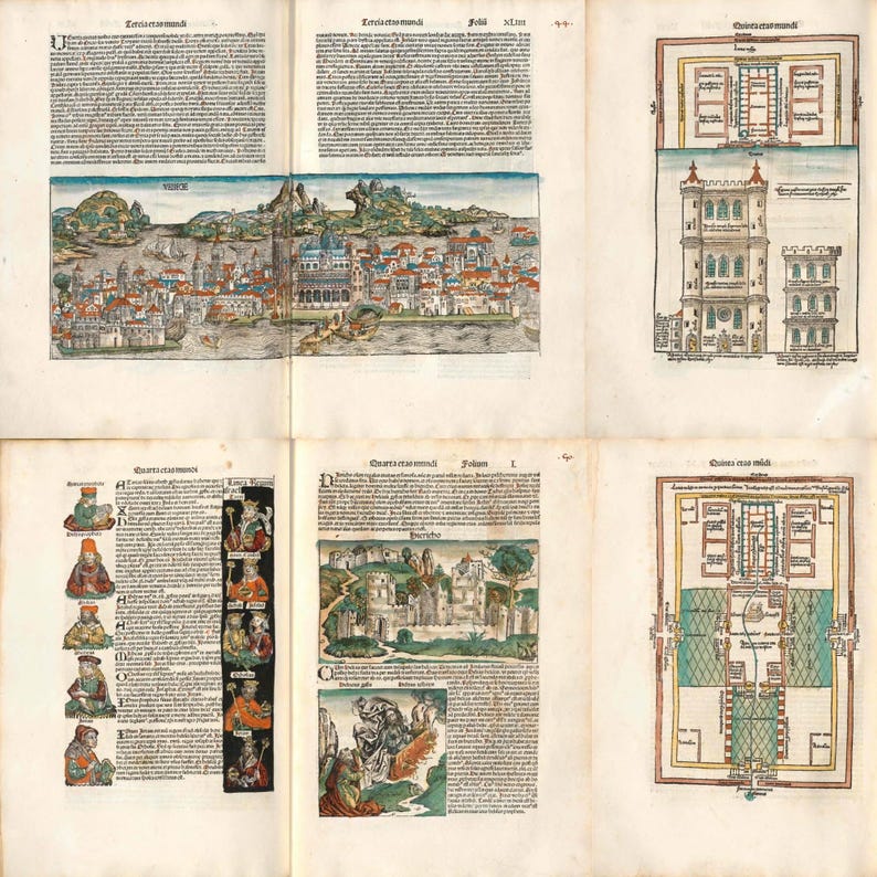 May include: A vintage book page featuring several illustrations and text. The top half shows a detailed, colorful cityscape with a harbor. Other sections include architectural drawings and figures in historical attire. The page is aged with visible wear.