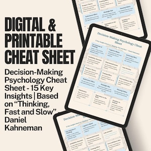 Op de afbeelding: Digitale en printbare cheat sheet voor beslissingspsychologie. De sheet bevat 15 belangrijke inzichten gebaseerd op "Thinking, Fast and Slow" van Daniel Kahneman. De tekst wordt weergegeven op meerdere tablets.
