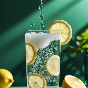 K&ouml;nnte beinhalten: Ein hohes Glas Sprudelwasser mit Zitronenscheiben und einem Zitronenkeil. Wassertr&ouml;pfchen fallen in das Glas und erzeugen Blasen. Der Hintergrund ist t&uuml;rkisgr&uuml;n, mit einer Zitrone auf der Oberfl&auml;che.