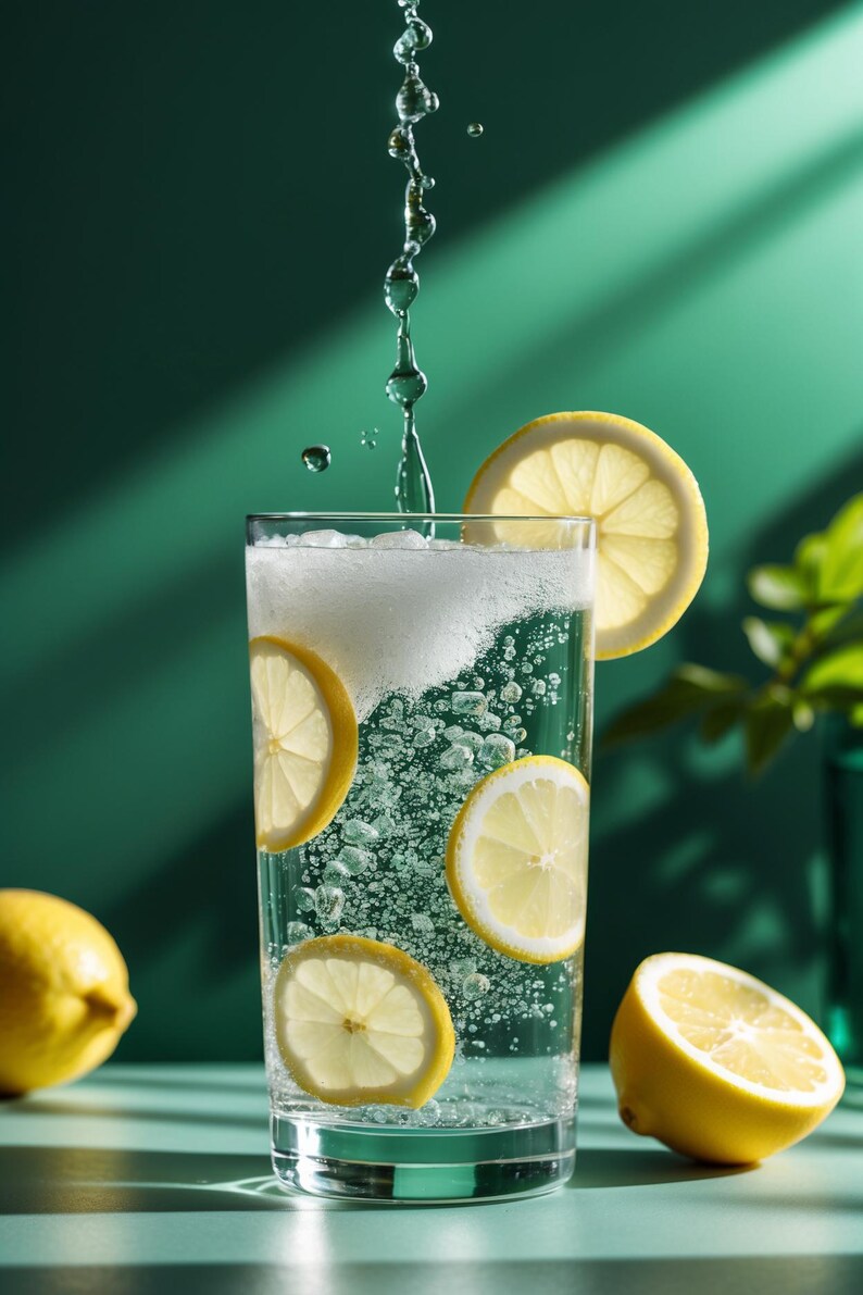 K&ouml;nnte beinhalten: Ein hohes Glas Sprudelwasser mit Zitronenscheiben und einem Zitronenkeil. Wassertr&ouml;pfchen fallen in das Glas und erzeugen Blasen. Der Hintergrund ist t&uuml;rkisgr&uuml;n, mit einer Zitrone auf der Oberfl&auml;che.