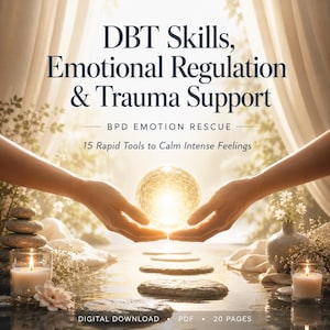 Könnte beinhalten: Ein Buchcover mit dem Titel "DBT Skills, Emotional Regulation & Trauma Support". Das Bild zeigt Hände, die einen leuchtenden Globus umfassen, mit Kerzen und Blumen im Vordergrund. Der Text "BPD Emotion Rescue" und "15 Rapid Tools to Calm Intense Feelings" sind ebenfalls sichtbar.