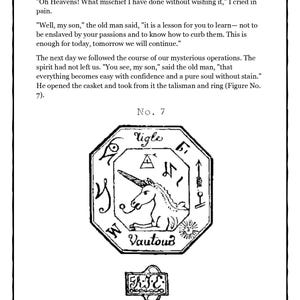 以下が含まれることがあります： 本からの白黒イラスト。ユニコーン、シンボル、そして「Vautoub」という言葉が描かれた、詳細な八角形のデザインが特徴です。「No. 7」などのテキストが含まれています。