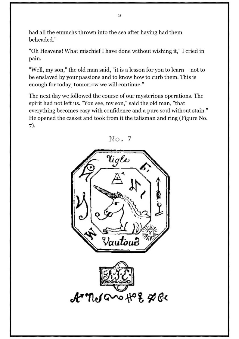以下が含まれることがあります： 本からの白黒イラスト。ユニコーン、シンボル、そして「Vautoub」という言葉が描かれた、詳細な八角形のデザインが特徴です。「No. 7」などのテキストが含まれています。