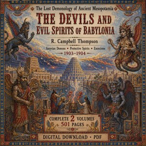 Peut inclure: Un téléchargement numérique PDF de The Lost Demonology of Ancient Mesopotamia: The Devils and Evil Spirits of Babylonia par R. Campbell Thompson, 1903-1904. La couverture montre des figures mythologiques ailées, une cité antique et 501 pages.
