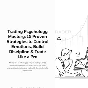 K&ouml;nnte beinhalten: Wei&szlig;es Buchcover mit dem Titel "Trading Psychology Mastery: 15 Proven Strategies to Control Emotions, Build Discipline & Trade Like a Pro." Eine Strichzeichnung zeigt eine Person, die an einem Computer handelt.