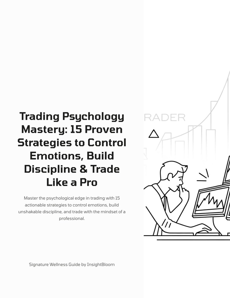 K&ouml;nnte beinhalten: Wei&szlig;es Buchcover mit dem Titel "Trading Psychology Mastery: 15 Proven Strategies to Control Emotions, Build Discipline & Trade Like a Pro." Eine Strichzeichnung zeigt eine Person, die an einem Computer handelt.