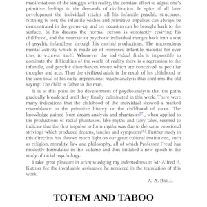 May include: A book page featuring the title "Totem and Taboo" by A. A. Brill. The text is in black on a white background. The book explores psychoanalysis and the study of racial psychology.