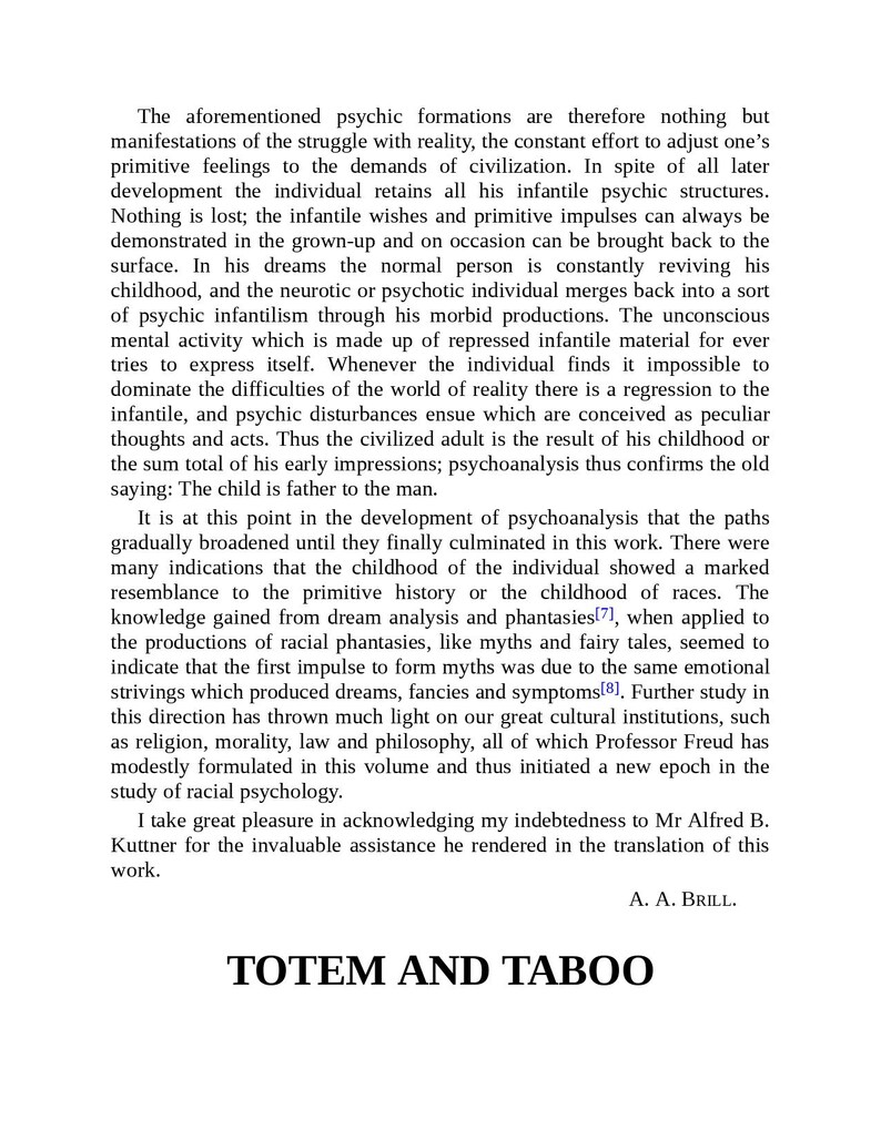 May include: A book page featuring the title "Totem and Taboo" by A. A. Brill. The text is in black on a white background. The book explores psychoanalysis and the study of racial psychology.