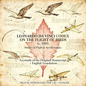Puede incluir: Descarga digital de estilo vintage que presenta el Códice de Leonardo da Vinci sobre el vuelo de los pájaros. La imagen incluye bocetos de aves en vuelo, diagramas y texto. El título dice "Leonardo da Vinci Codex on the Flight of Birds (c. 1505)".