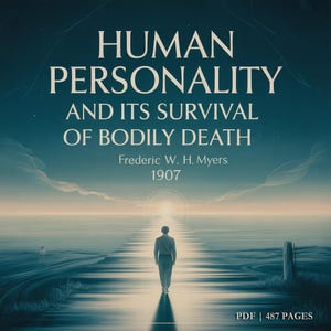 May include: Book cover with the title "HUMAN PERSONALITY AND ITS SURVIVAL OF BODILY DEATH" by Frederic W. H. Myers, 1907. The image shows a person walking on a path towards a bright light over water. The book is available in PDF format with 487 pages.