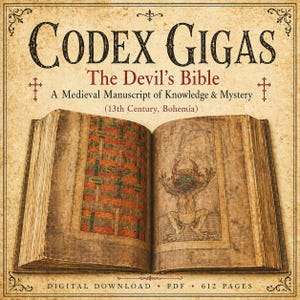Puede incluir: Un libro abierto con el título "CODEX GIGAS" y "The Devil's Bible". Las páginas están envejecidas y muestran ilustraciones, incluyendo una figura del diablo. El texto dice "A Medieval Manuscript of Knowledge & Mystery (13th Century, Bohemia)." Es una descarga digital.