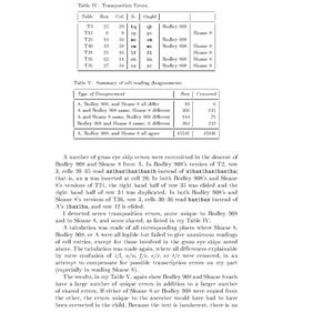 May include: A page from the Book of Soyga featuring Table IV, Transposition Errors, and Table V, Summary of cell reading disagreements. The text discusses Bodley 908 and Sloane 8, detailing transcription errors, cell reading discrepancies, and data.