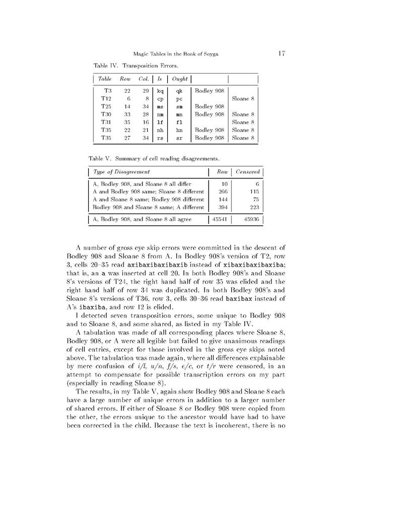 May include: A page from the Book of Soyga featuring Table IV, Transposition Errors, and Table V, Summary of cell reading disagreements. The text discusses Bodley 908 and Sloane 8, detailing transcription errors, cell reading discrepancies, and data.