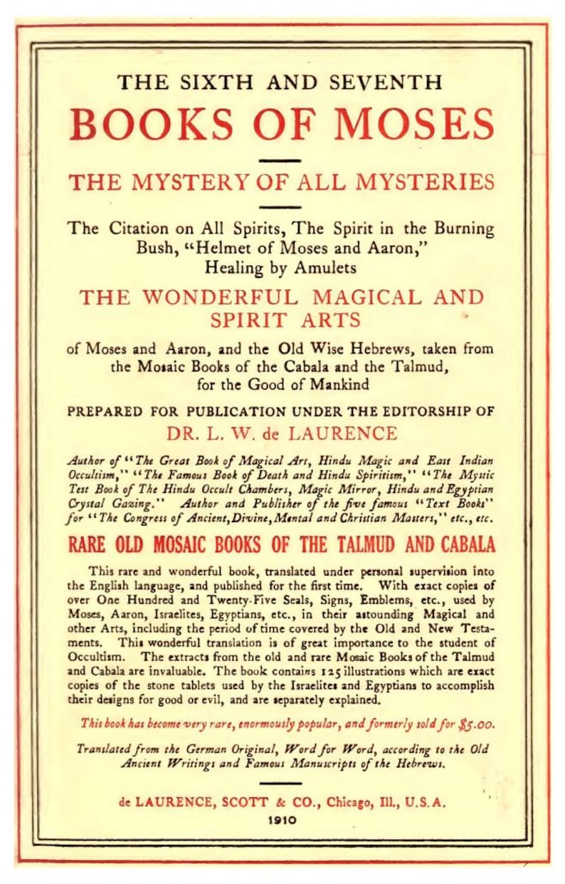 May include: A vintage book cover titled "Books of Moses" with text in red and black. The cover includes detailed descriptions of the book's contents, including magical arts, the Talmud, and Cabala, published in 1910.