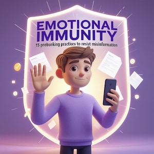May include: A 3D illustration features a cartoon character in a purple sweater holding a smartphone and waving. The text "EMOTIONAL IMMUNITY" is displayed above the character, with the tagline "15 prebunking practices to resist misinformation."