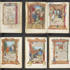 May include: A collection of six open medieval illuminated manuscript pages. Each page features detailed illustrations with vibrant colors, ornate borders, and handwritten text. The pages are displayed open, showcasing the artwork and calligraphy.