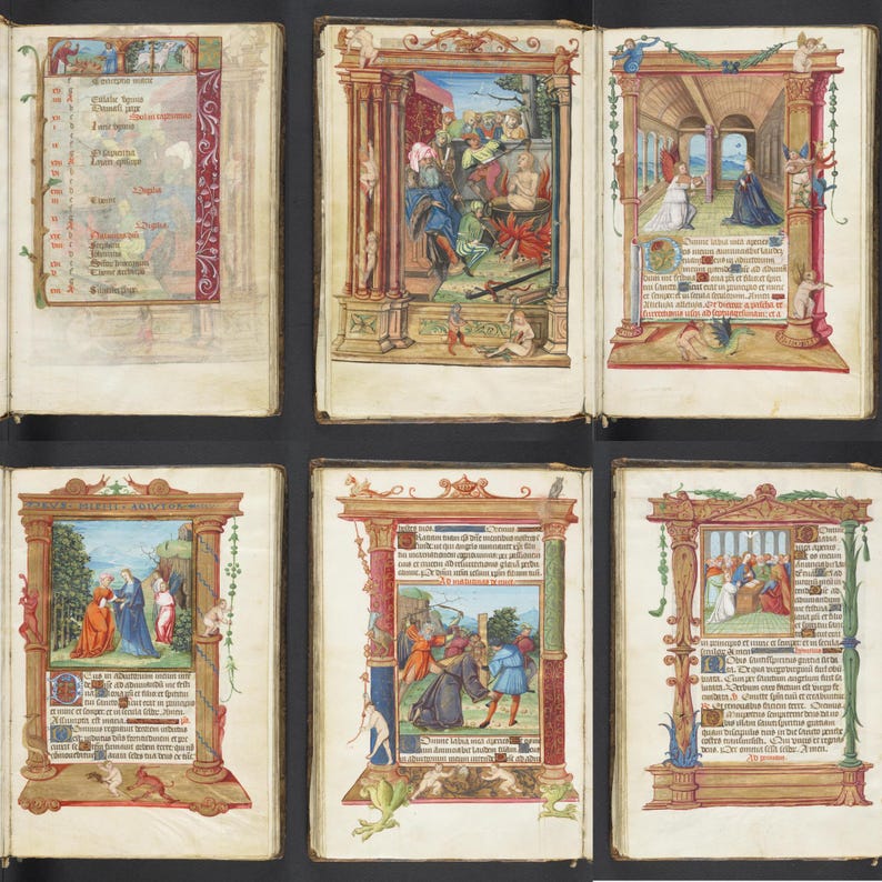 May include: A collection of six open medieval illuminated manuscript pages. Each page features detailed illustrations with vibrant colors, ornate borders, and handwritten text. The pages are displayed open, showcasing the artwork and calligraphy.