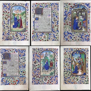 May include: A collection of six illuminated manuscript pages. Each page features a vibrant, detailed illustration within a decorative border of blue, red, and green floral patterns. The illustrations depict religious scenes with figures in colorful robes.