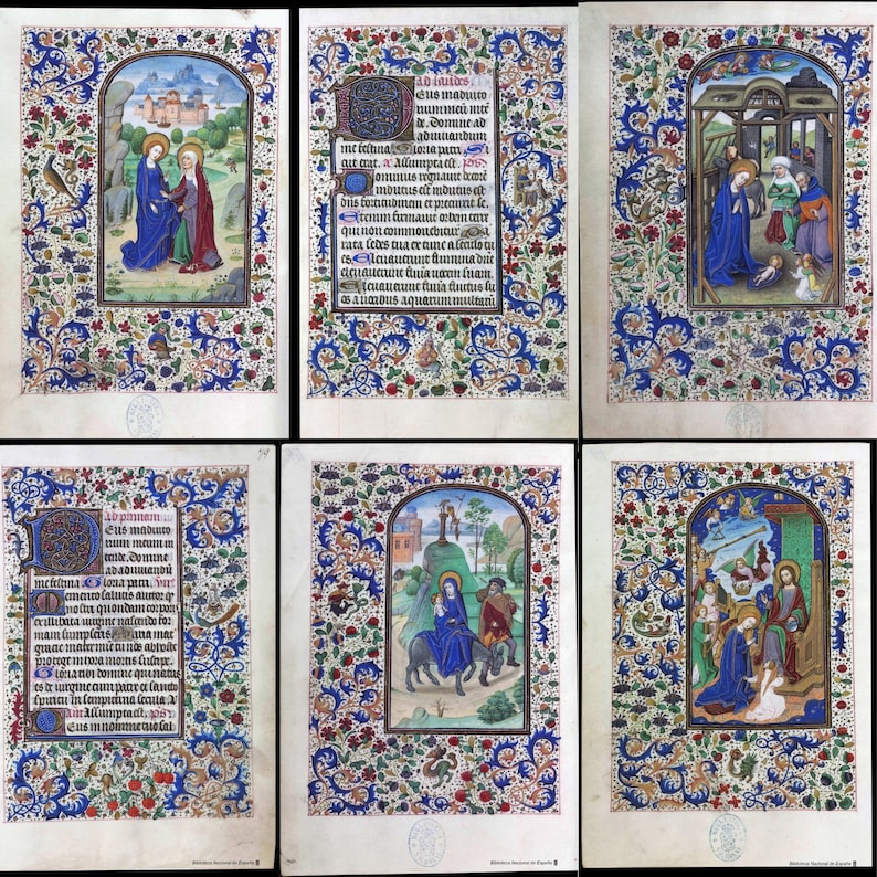 May include: A collection of six illuminated manuscript pages. Each page features a vibrant, detailed illustration within a decorative border of blue, red, and green floral patterns. The illustrations depict religious scenes with figures in colorful robes.