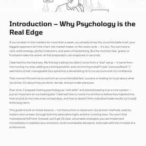 K&ouml;nnte beinhalten: Eine wei&szlig;e Seite mit dem Titel "Introduction - Why Psychology is the Real Edge" und Text &uuml;ber Handelspsychologie. Oben auf der Seite befindet sich eine Strichzeichnung einer Person mit den Schaltfl&auml;chen "BUY" und "SELL". Der Text behandelt die Bedeutung der Psychologie im Handel.