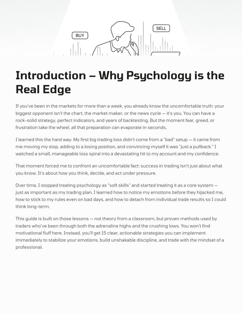 K&ouml;nnte beinhalten: Eine wei&szlig;e Seite mit dem Titel "Introduction - Why Psychology is the Real Edge" und Text &uuml;ber Handelspsychologie. Oben auf der Seite befindet sich eine Strichzeichnung einer Person mit den Schaltfl&auml;chen "BUY" und "SELL". Der Text behandelt die Bedeutung der Psychologie im Handel.