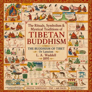 Puede incluir: Una ilustración vintage titulada "Los rituales, el simbolismo y las tradiciones místicas del budismo tibetano". La imagen presenta dibujos detallados de figuras, símbolos y escenas de las prácticas budistas tibetanas, con texto.