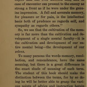 May include: A page from a vintage book with the title "Memory" at the top. The text is in black ink on aged, cream-colored paper. The page number "12" is in the upper left corner. The text discusses memory, recollection, and remembrance.