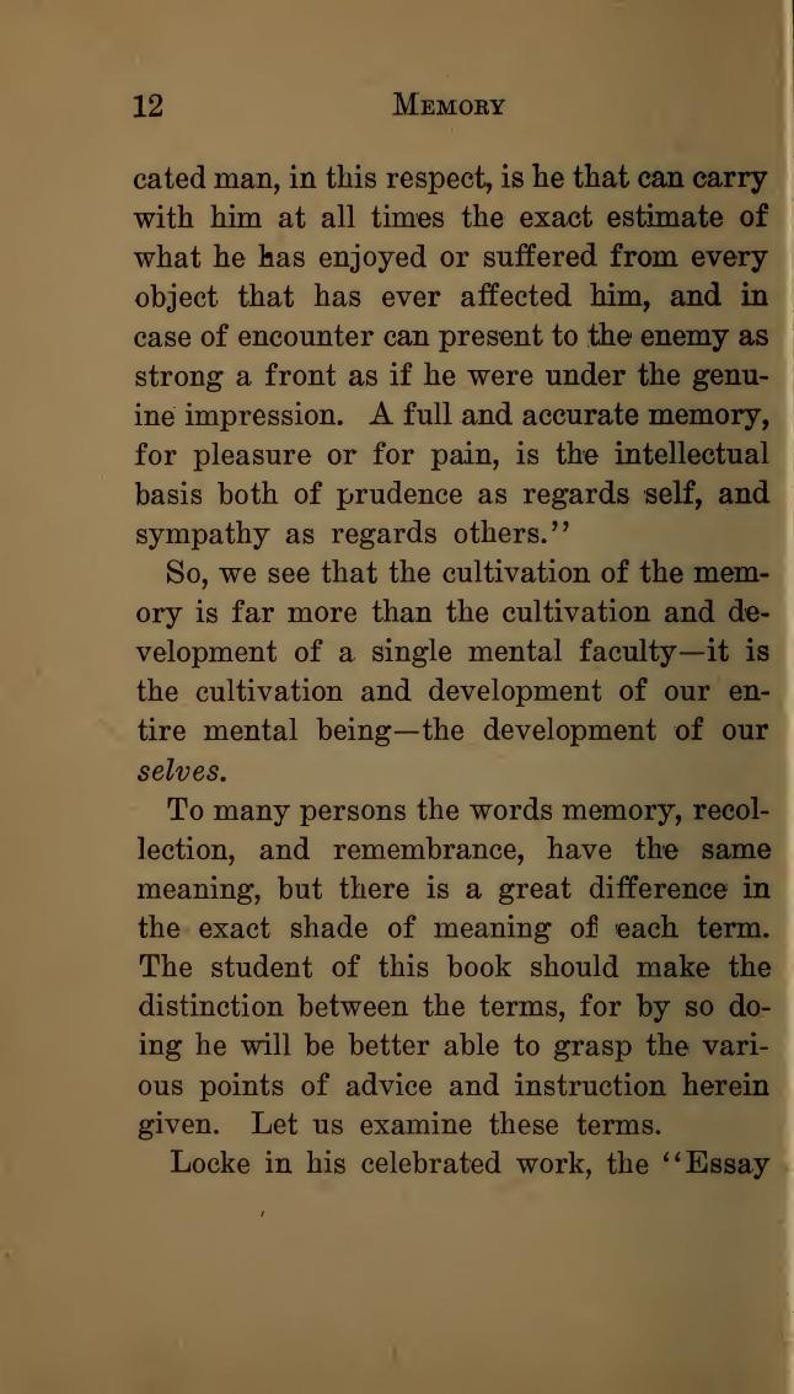 May include: A page from a vintage book with the title "Memory" at the top. The text is in black ink on aged, cream-colored paper. The page number "12" is in the upper left corner. The text discusses memory, recollection, and remembrance.