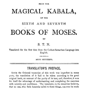 May include: A vintage book page with the title "Sixth and Seventh Books of Moses." The text is in black ink on aged paper. The page includes the title, author, and a translator's preface, with the date "ANNO MDCCXXVI."