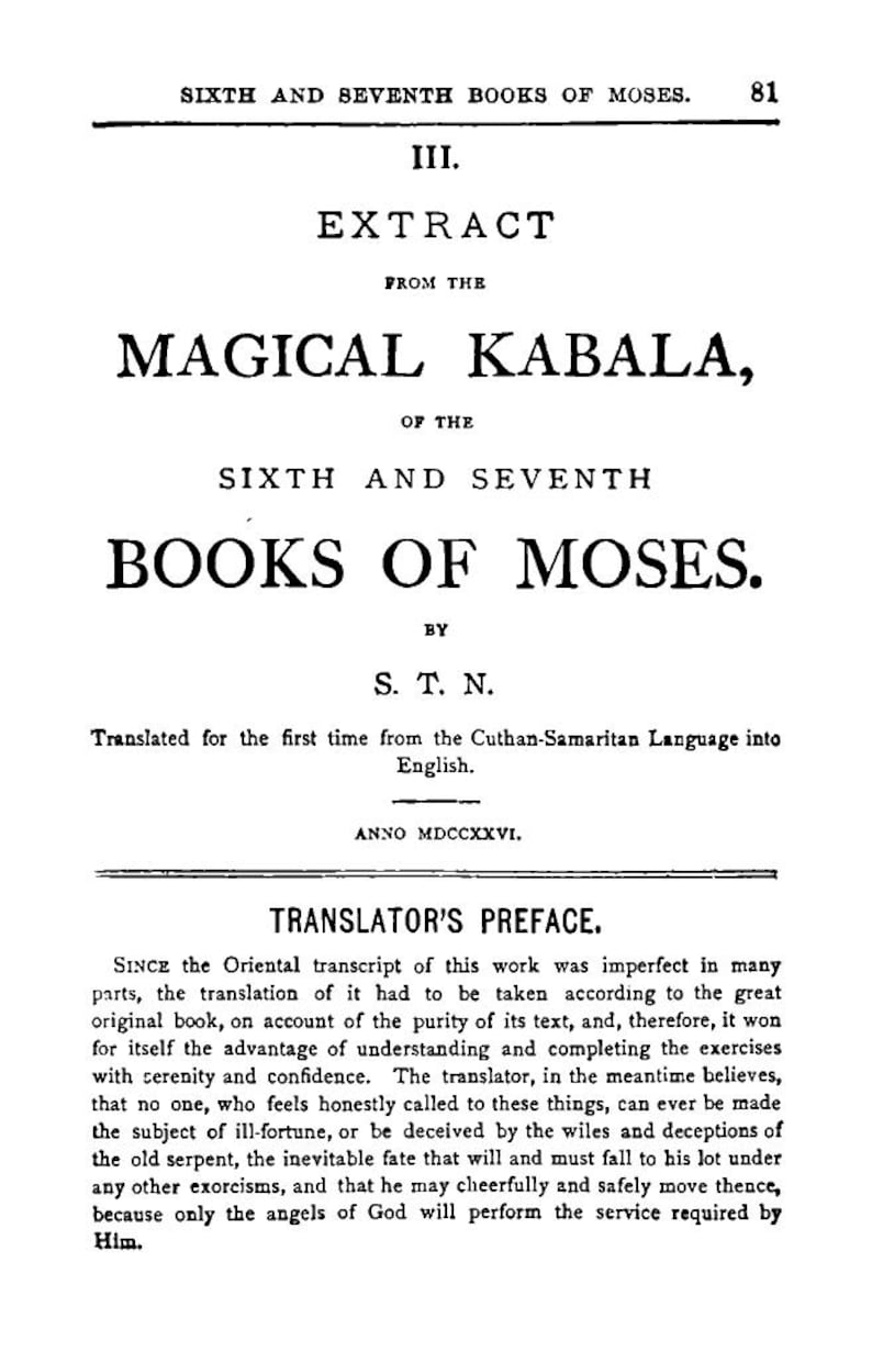May include: A vintage book page with the title "Sixth and Seventh Books of Moses." The text is in black ink on aged paper. The page includes the title, author, and a translator's preface, with the date "ANNO MDCCXXVI."