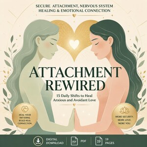Può includere: Un download digitale intitolato ATTACHMENT REWIRE: 15 Daily Shifts to Heal Anxious and Avoidant Love. L'immagine mostra due figure di fronte con le mani che si toccano, un cuore dorato e testo sulla guarigione del sistema nervoso.