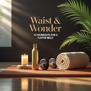 Könnte beinhalten: Bild mit dem Text "Waist & Wonder" und "15 Workouts for a Flatter Belly." Eine goldene Wasserflasche, zwei Kurzhanteln, ein gerolltes Handtuch und eine brennende Kerze auf einem Holzsockel liegen auf einer roten Matte. Eine grüne Pflanze ist im Hintergrund.