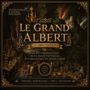 Op de afbeelding: Een digitale download van "Le Grand Albert", een zeldzame Franse occulte tekst uit de 19e eeuw. De omslag toont sierlijke gouden letters en een gedetailleerde illustratie met een donker, mystiek thema. Het boek telt 155 pagina's en behandelt occulte wetenschap en natuurfilosofie.