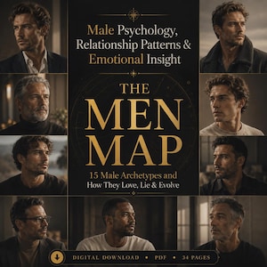 以下が含まれることがあります： 男性の画像に囲まれた、金色の文字で「The Men Map」と書かれたデジタルダウンロードグラフィック。テキストには「Male Psychology, Relationship Patterns & Emotional Insight」と「15 Male Archetypes and How They Love, Lie & Evolve」と書かれています。