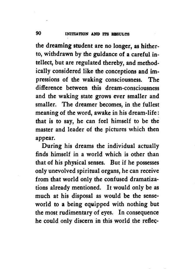 May include: A printed page from a book with the title "INITIATION AND ITS RESULTS" and text about dreams and consciousness. The page number is 90. The text is in black font on a white background.