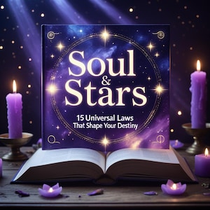 Puede incluir: Un libro abierto con el título "Soul & Stars" y el subtítulo "15 Leyes Universales Que Dan Forma a Tu Destino". La imagen presenta velas moradas encendidas y pequeñas velas en forma de flor, sobre un fondo estrellado.
