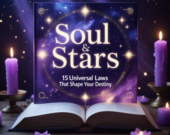 May include: An open book with the title "Soul & Stars" and the subtitle "15 Universal Laws That Shape Your Destiny." The book is surrounded by lit purple candles and small flower-shaped candles, set against a starry background.