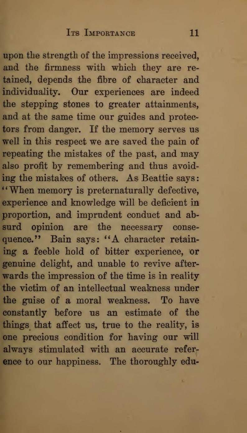 May include: A page from a vintage book with the title "Its Importance" and the number 11 at the top. The text is in black ink on aged, cream-colored paper. The text discusses the importance of memory and experience.