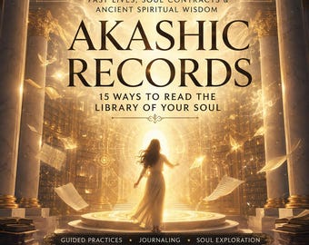 Może przedstawiać: Cyfrowy przewodnik do pobrania zatytułowany Akashic Records: 15 Ways to Read the Library of Your Soul. Okładka przedstawia osobę stojącą przed świecącym portalem w złotej bibliotece z unoszącymi się stronami oraz 65 stron w formacie PDF.